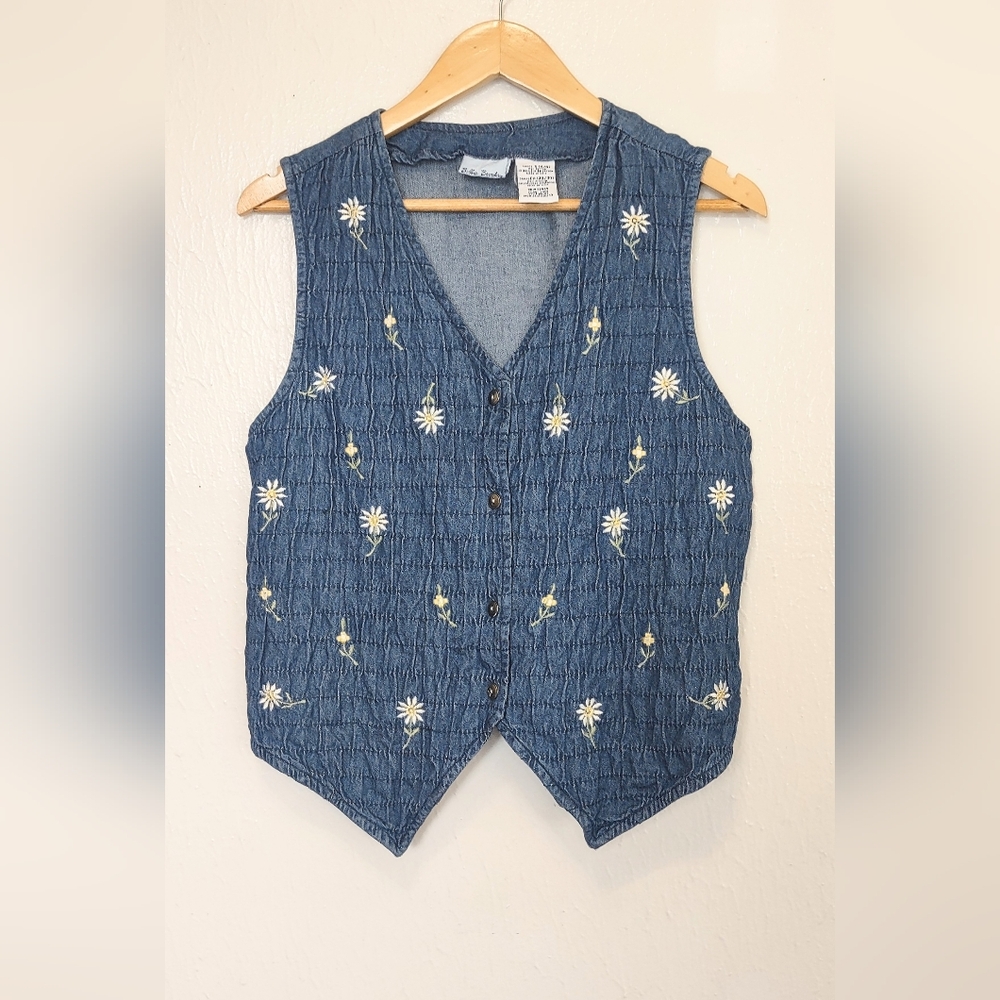 80s/90s Cottagecore Floral Embroidered Denim Vest Sz S Bobbie Brooks Prairie Vtg